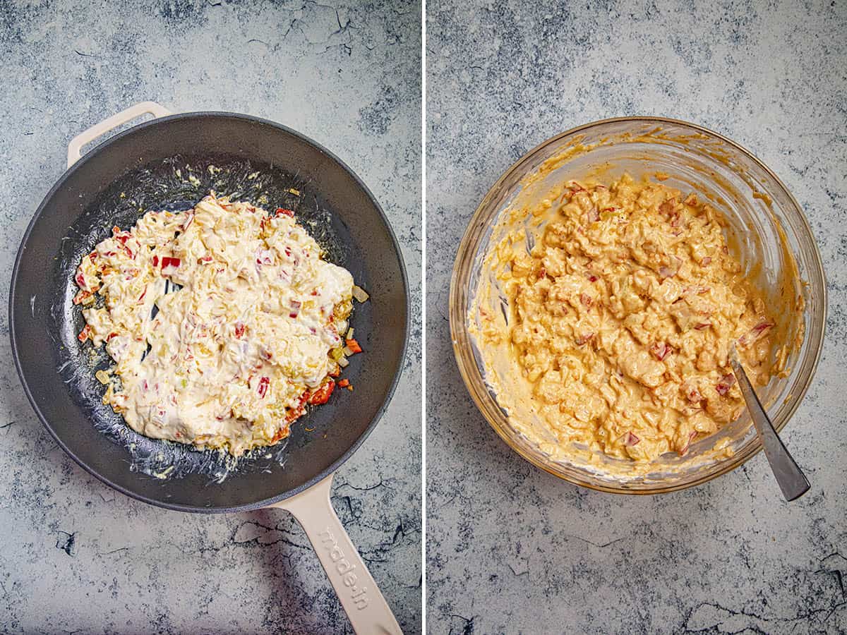 Cream cheese melted in a pan, and crawfish bread stuffing ingredients in a mixing bowl