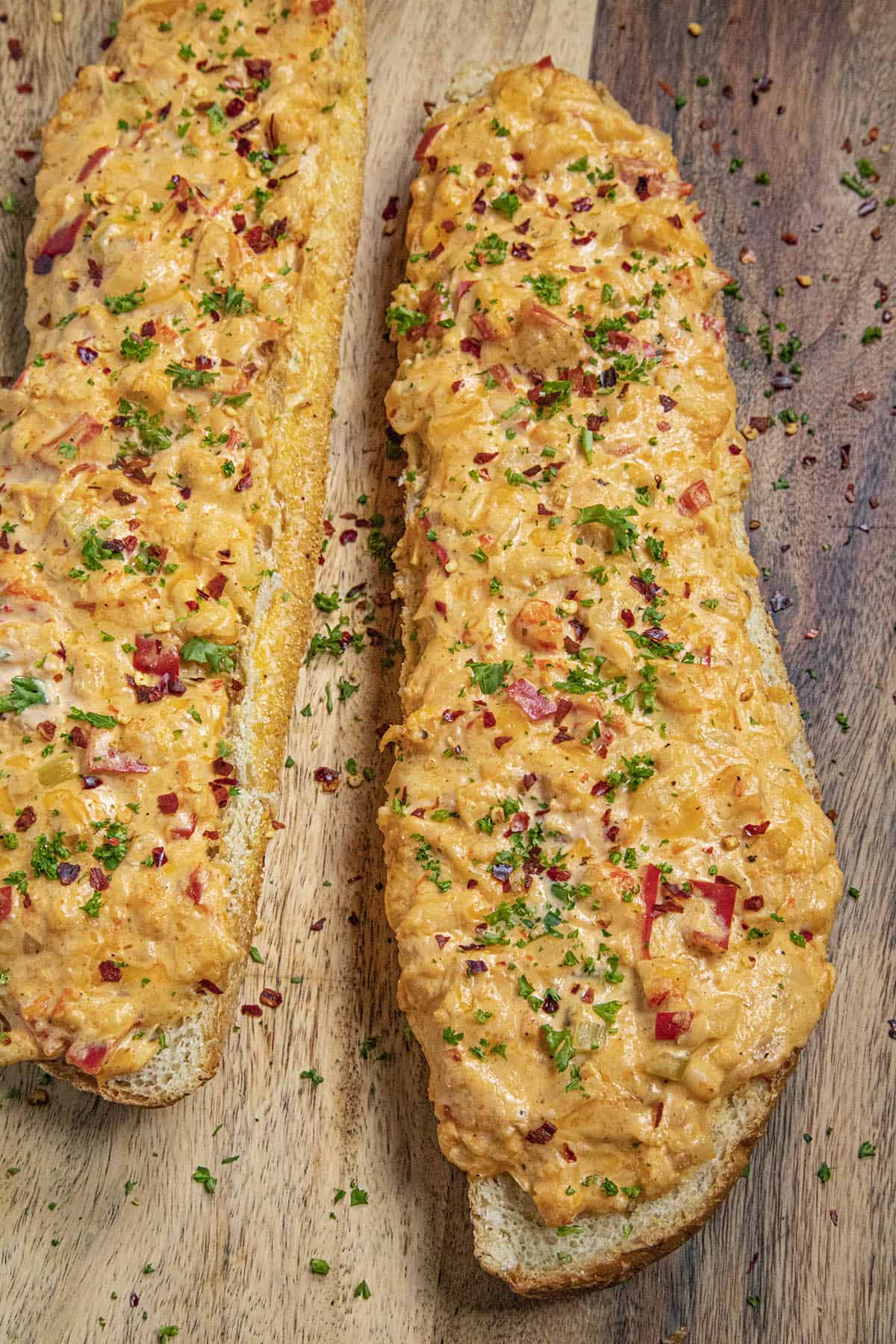 Cheesy Crawfish Bread on a cutting board