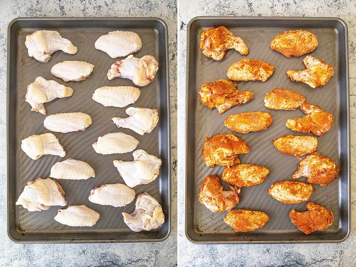 Dried chicken wings on a baking sheet, and seasoned chicken wings on a baking sheet