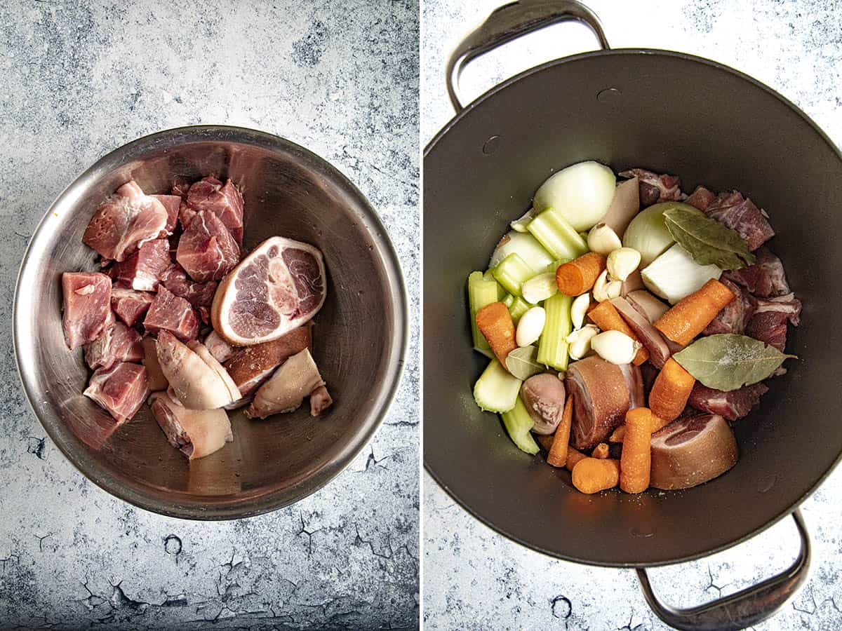 Pork shoulder, feet and hocks in a bowl, and vegetables in a pot, ready for making pozole verde