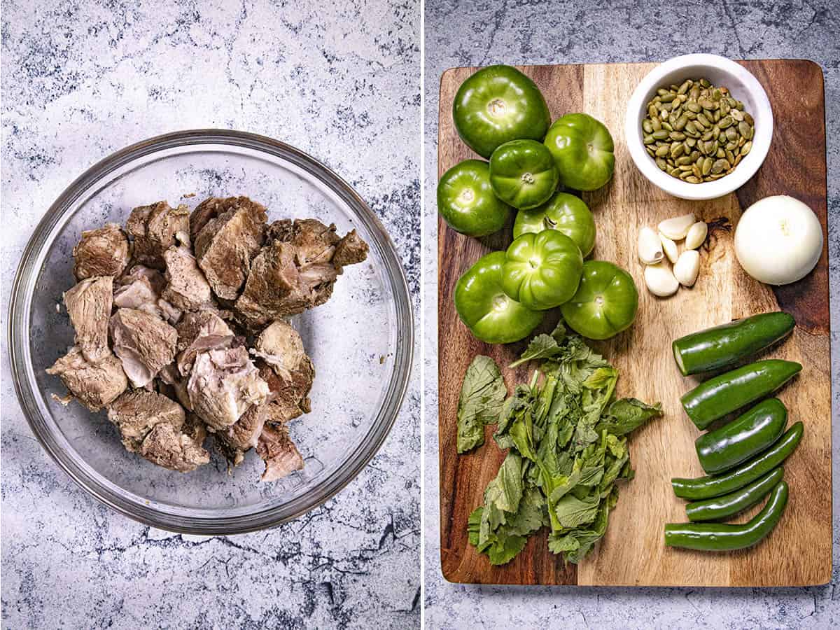 Cooked pork in a bowl for shredding, and vegetables on a platter for making verde sauce