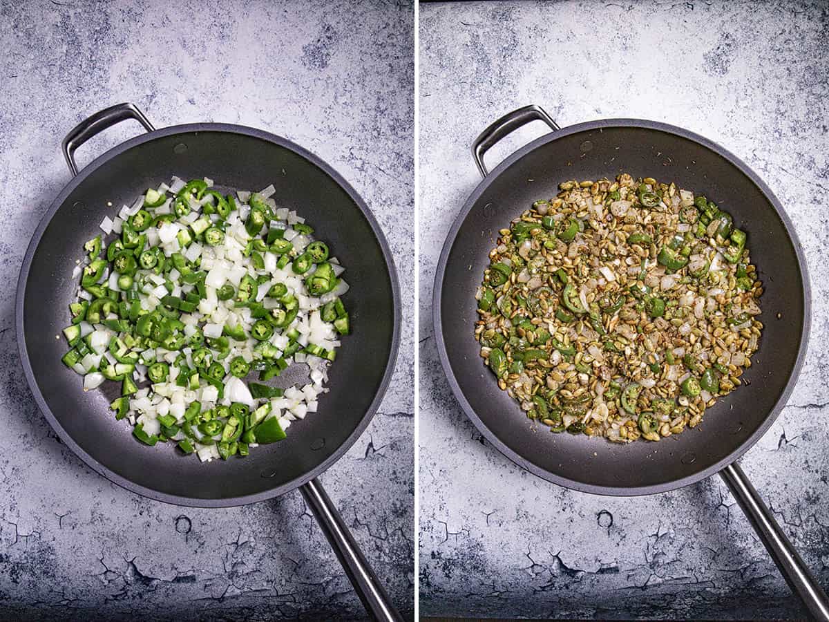 Cooking onions, peppers, and pumpkin seeds in a pan