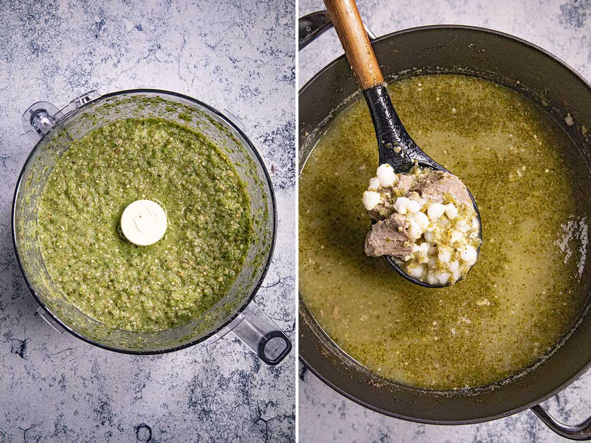 Verde sauce in a food processor, and a pot of finished pozole verde