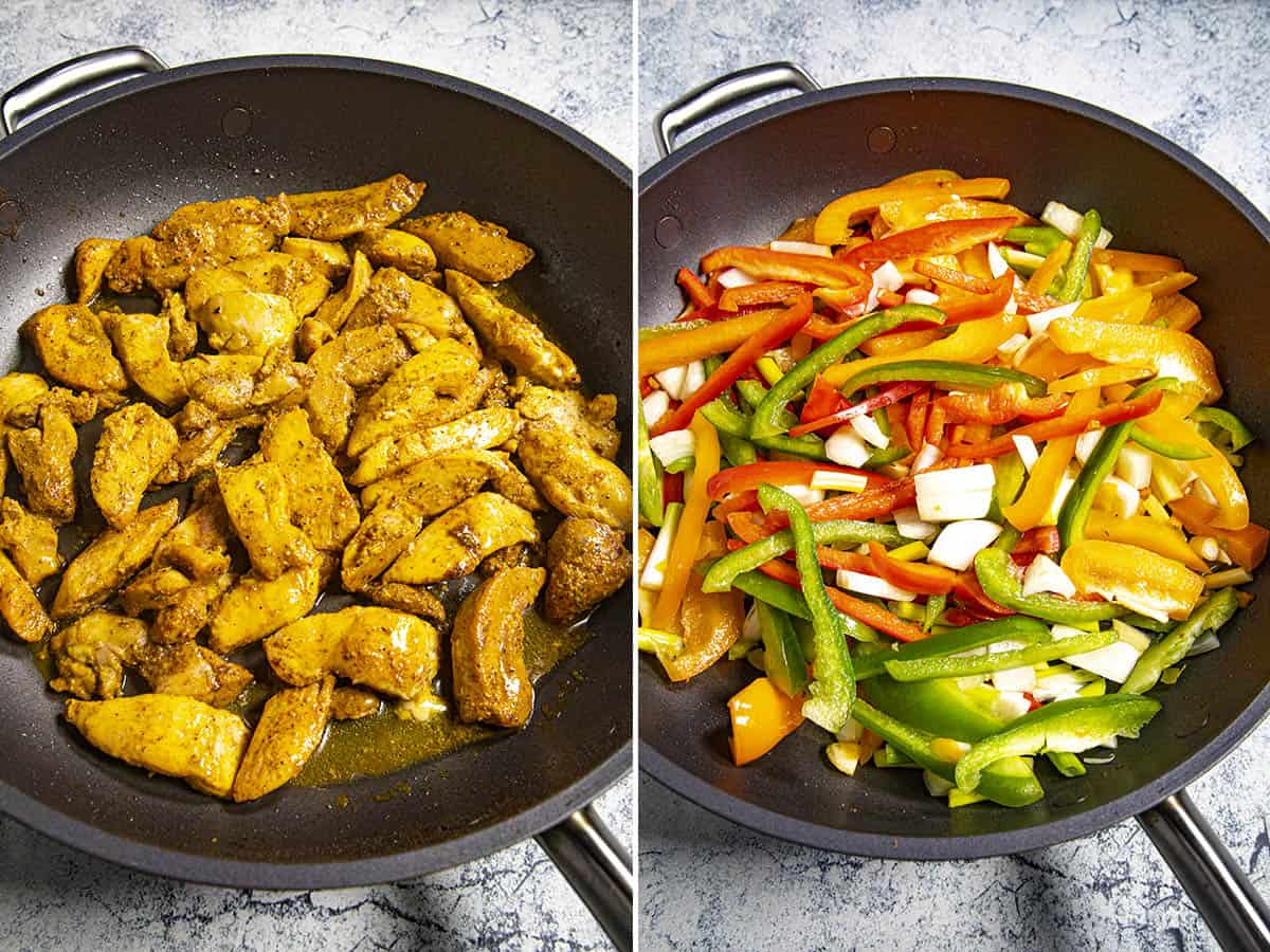 Cooking jerk chicken, then peppers and onion in a hot pan to make rasta pasta