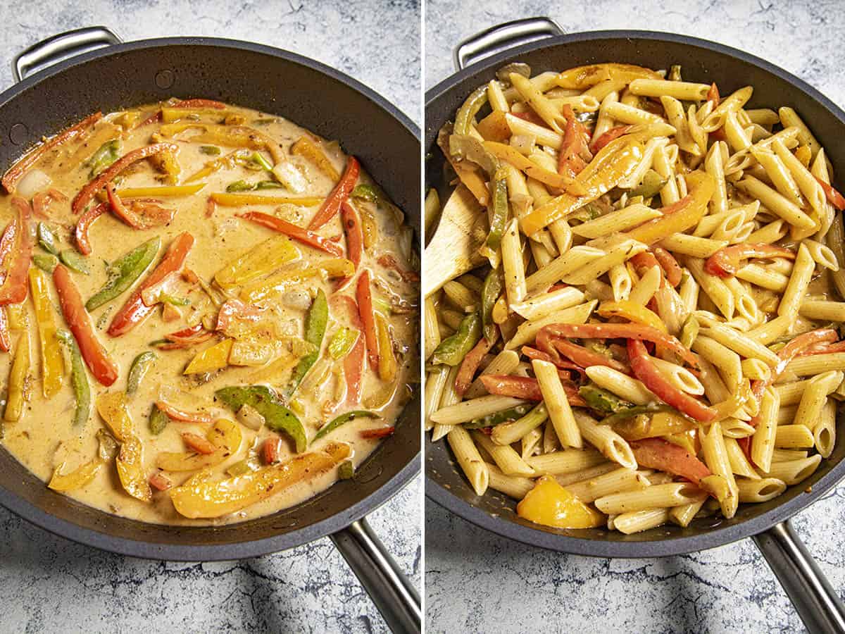 Simmering rasta pasta in a hot pan, then stirring in the noodles