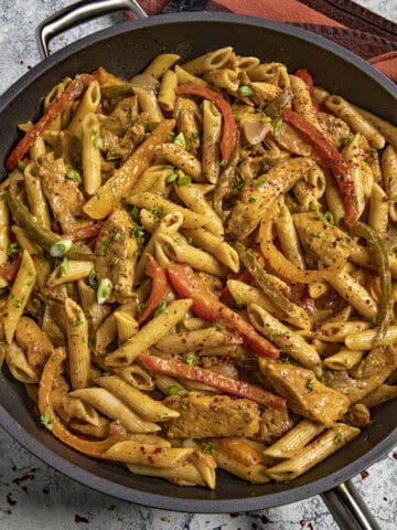 Rasta Pasta served in a big skillet