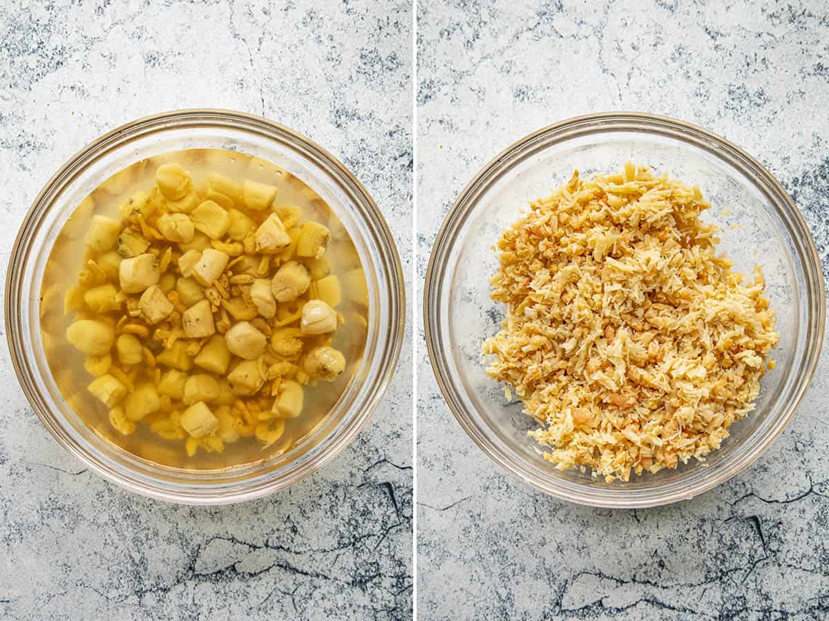 Soaking and shredding dried scallops and shrimp to make XO Sauce