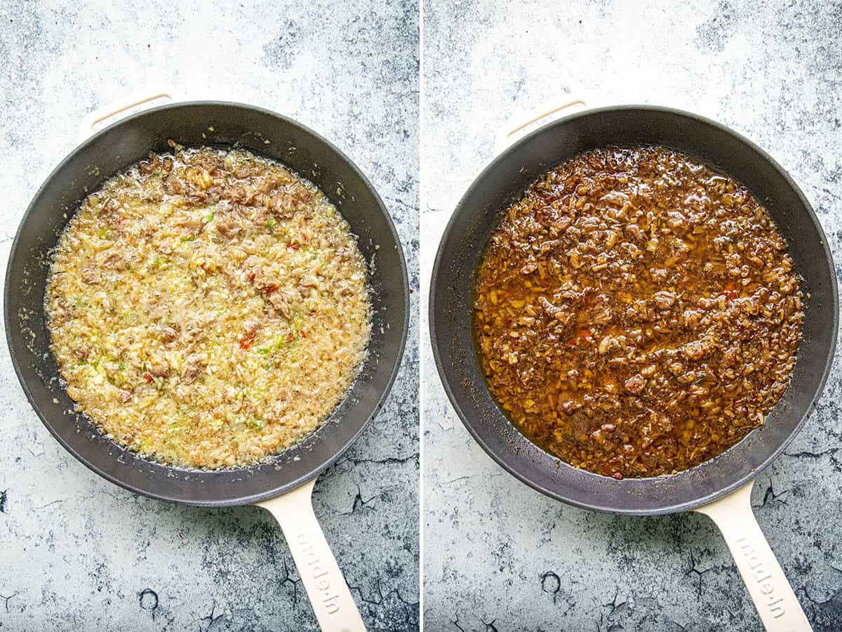 XO Sauce simmering a hot pan, turning from a light color to a rich brown