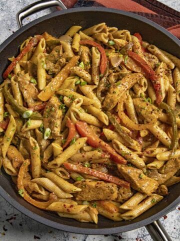 Rasta Pasta served in a big skillet