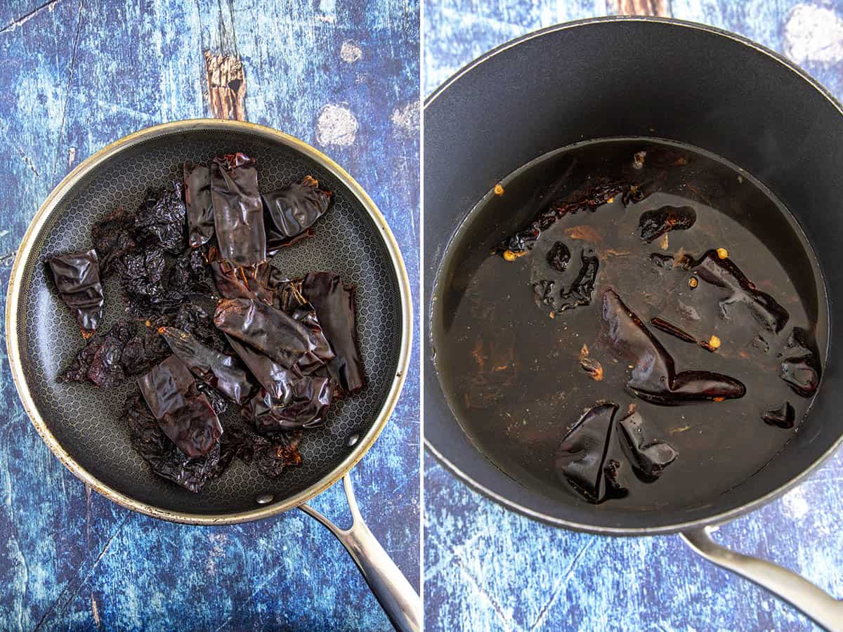 Toasting and soaking dried ancho and guajillo peppers to make Mexican adobo sauce