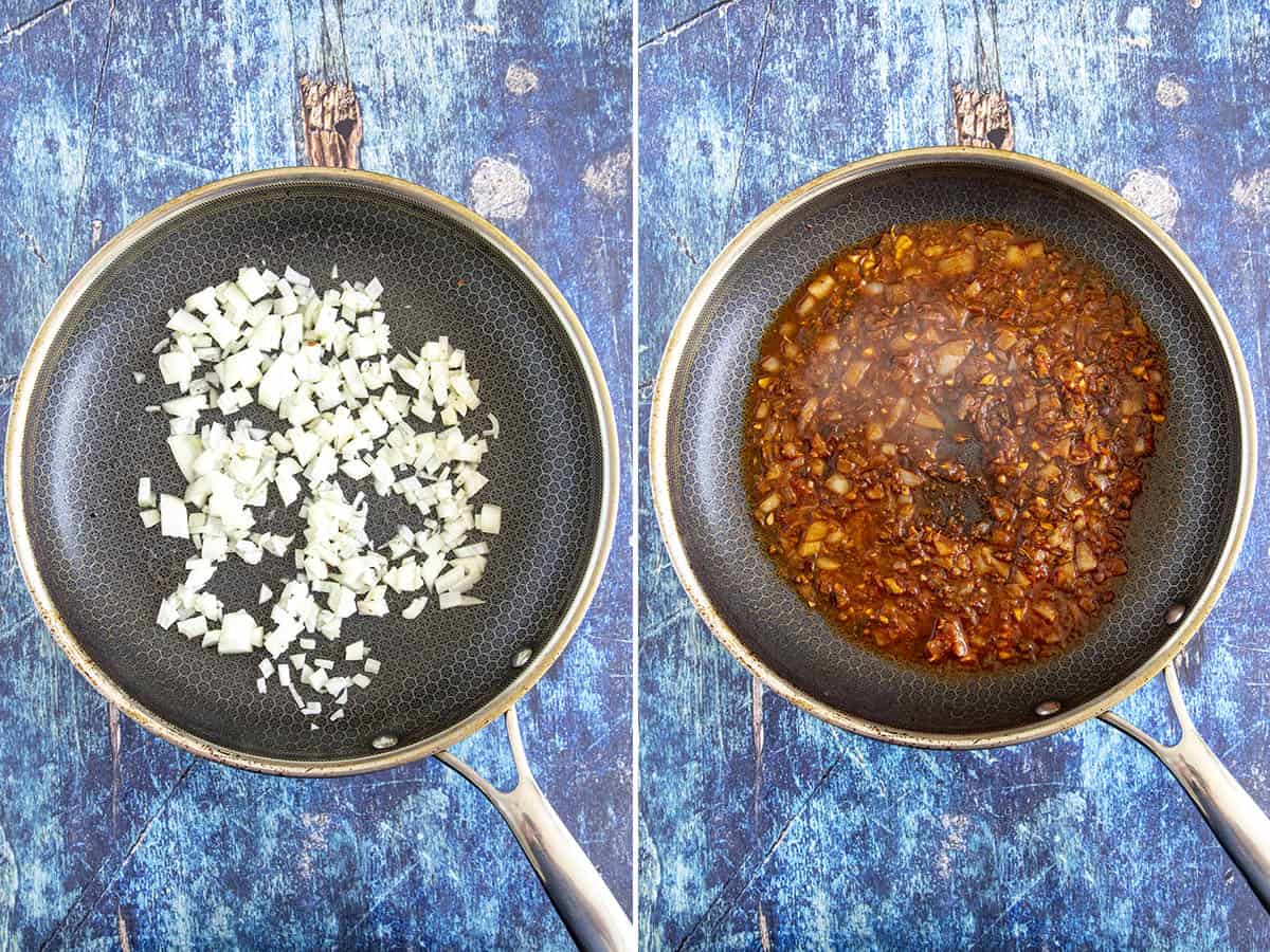 Cooking onion and other ingredients in a hot pan to make Mexican adobo sauce