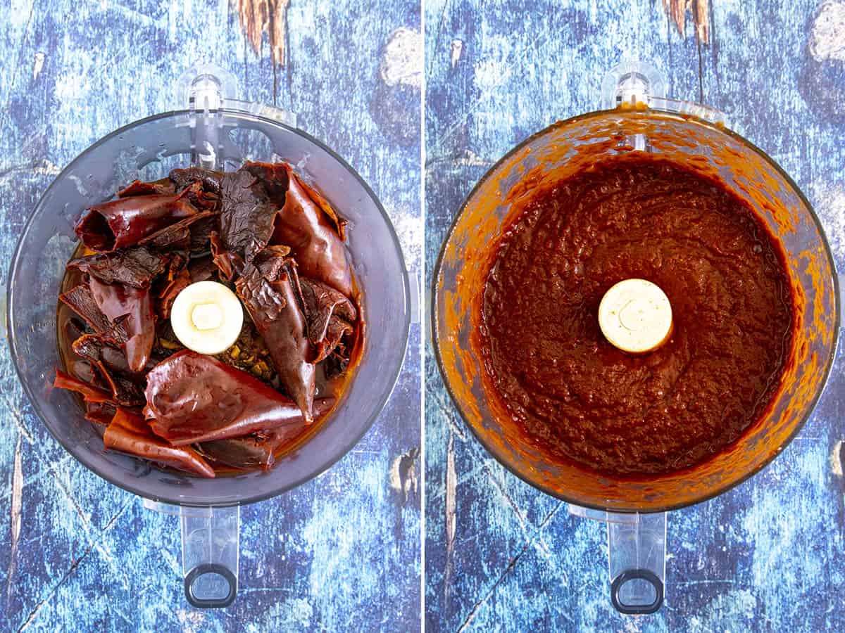 Processing softened dried chilies and processing them in a blender for making Mexican adobo sauce