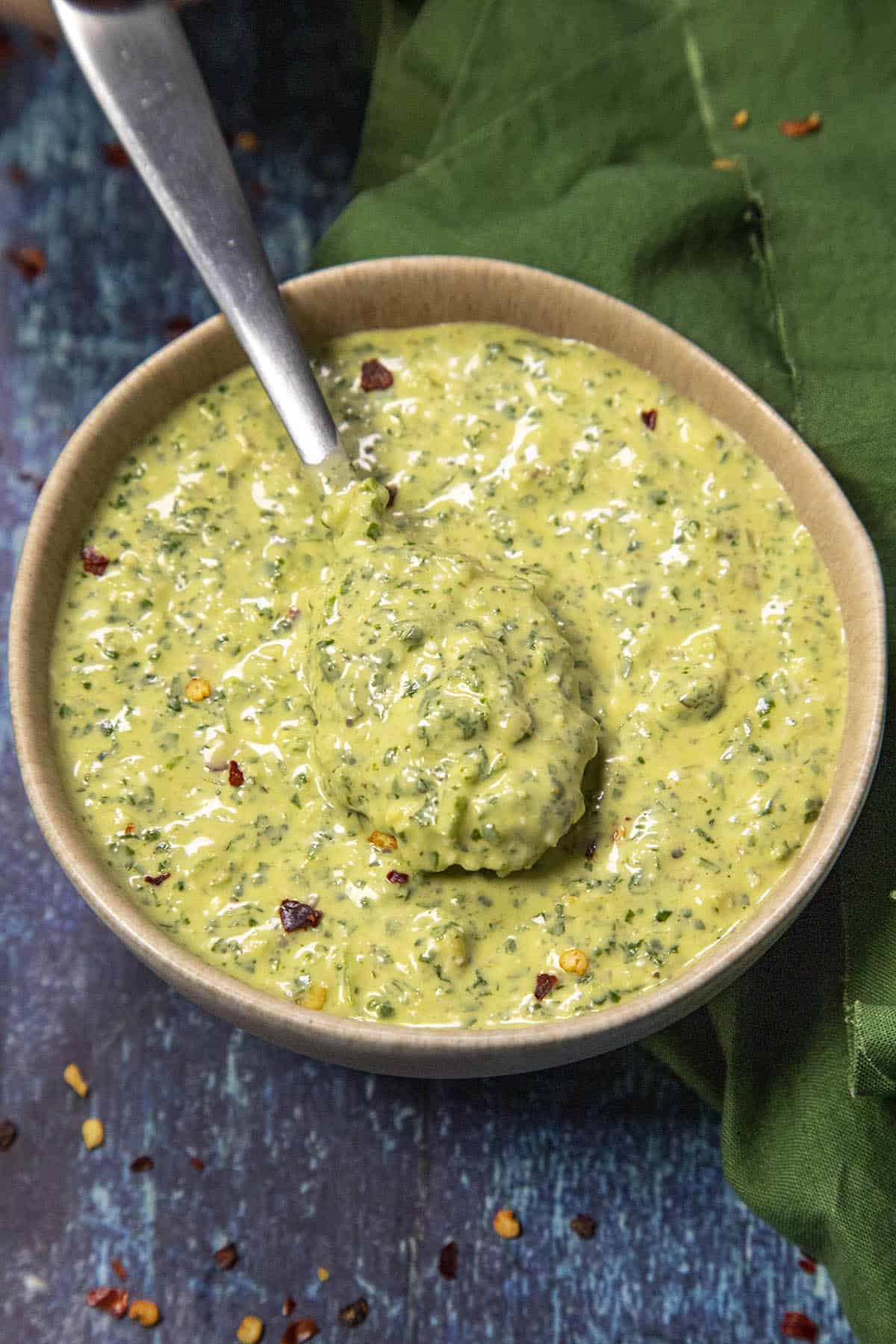 Creamy Peruvian Aji Verde Sauce in a bowl