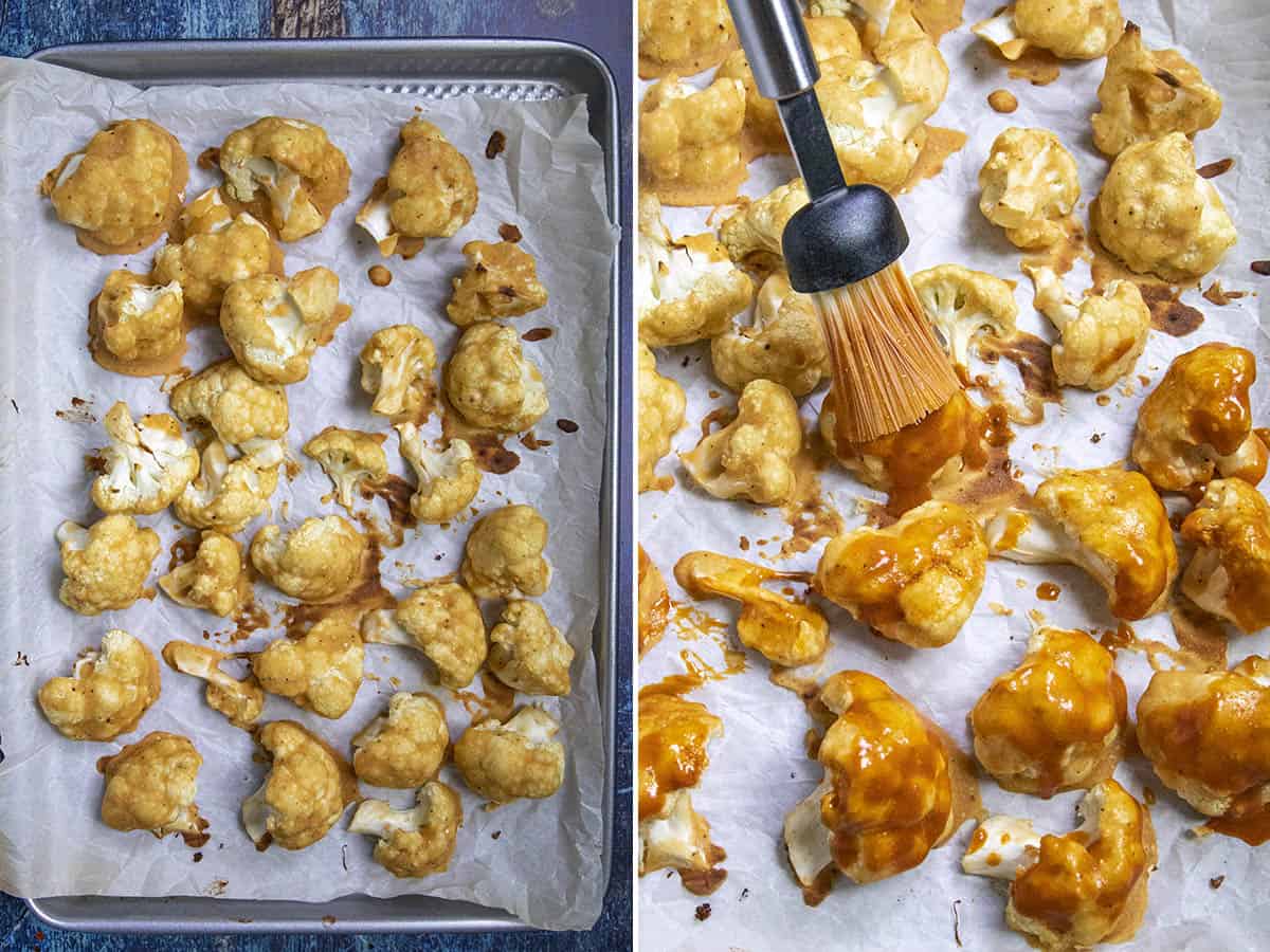 Brushing baked cauliflower with homemade Buffalo sauce