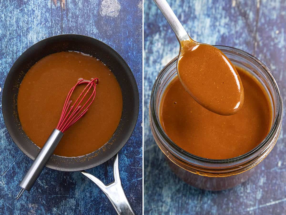 Whisking Homemade Buffalo Sauce in a pan, and spooning it into a jar