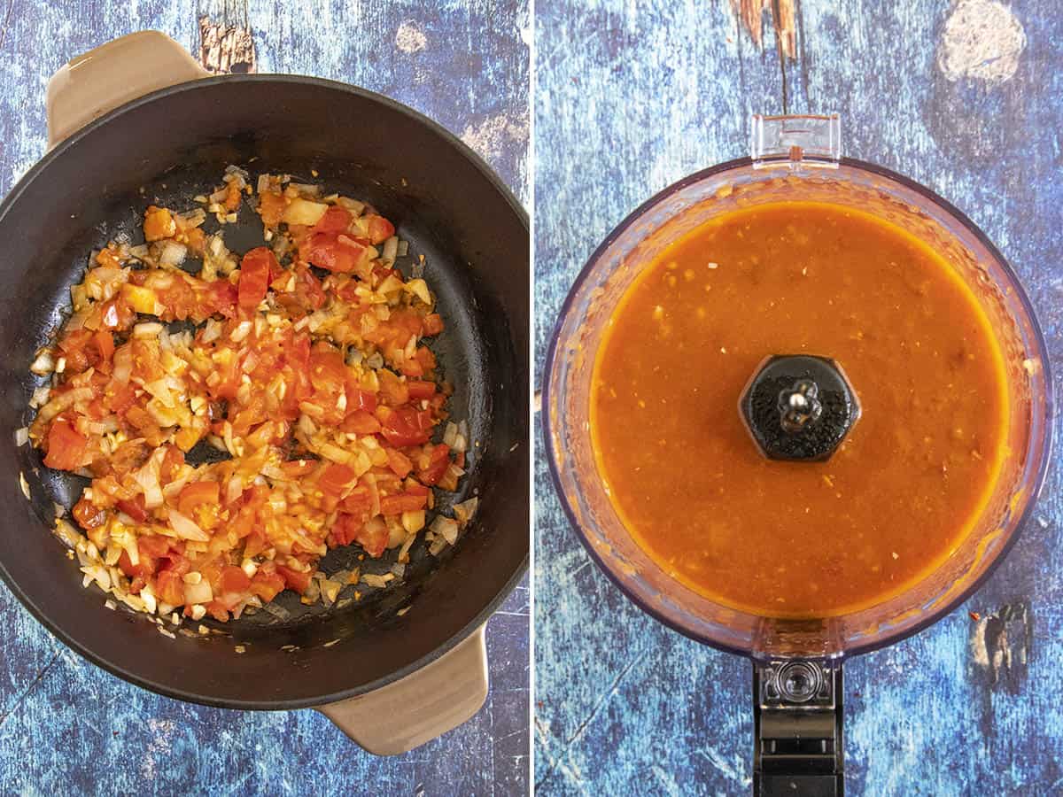 Cooking vegetables, and processing the chili paste to make Caldo de Camaron (Mexican Shrimp Soup)