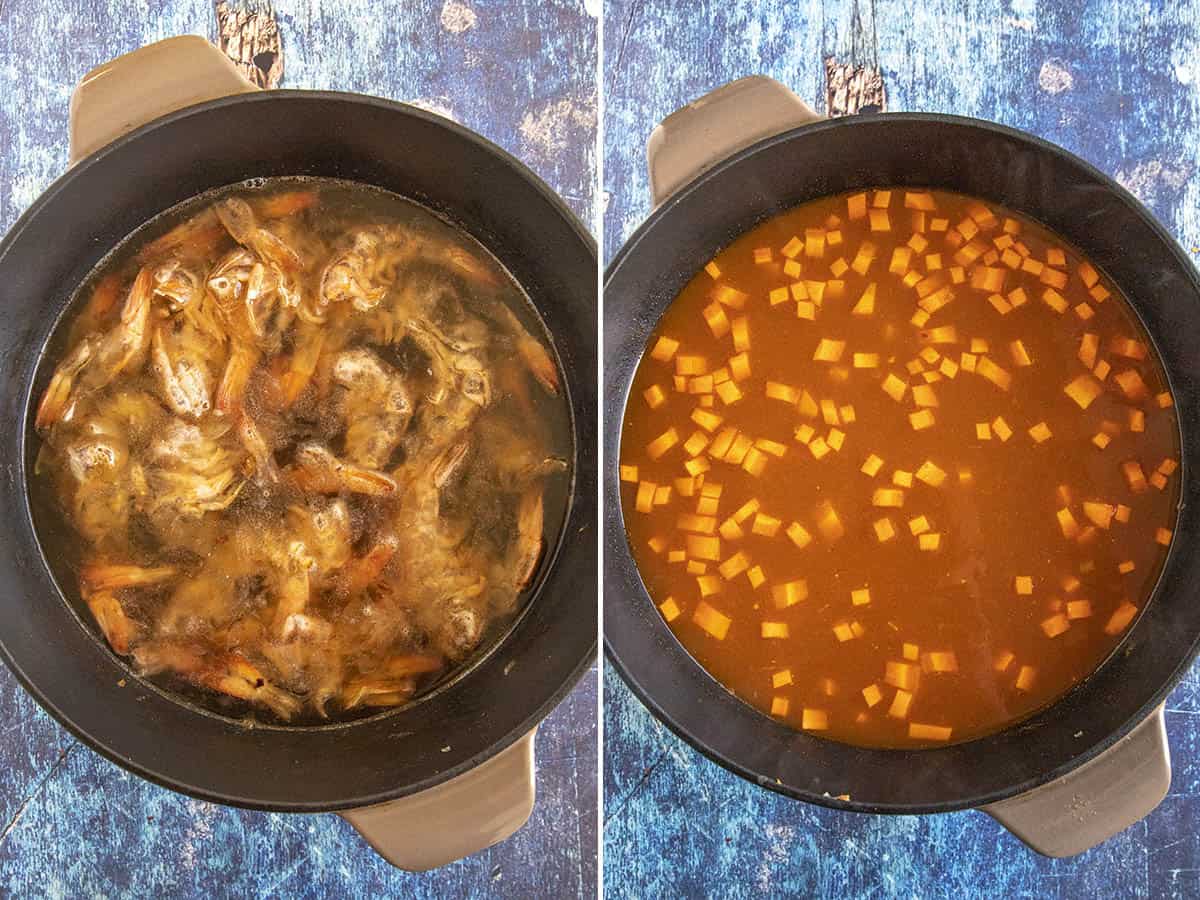 Simmering shrimp shells for stock, and simmering the Caldo de Camaron (Mexican Shrimp Soup) in a pot