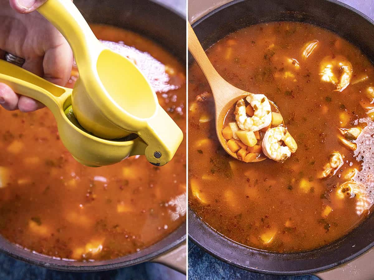 Squeezing line into the pot of Caldo de Camaron (Mexican Shrimp Soup) just before serving