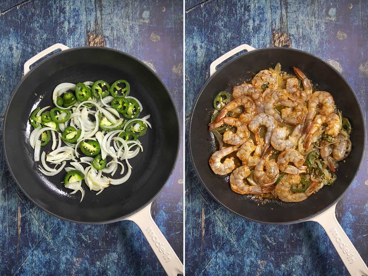 Cooking onions and peppers, then shrimp in a pan to make Camarones al Moj de Ajo (Mexican garlic shrimp)