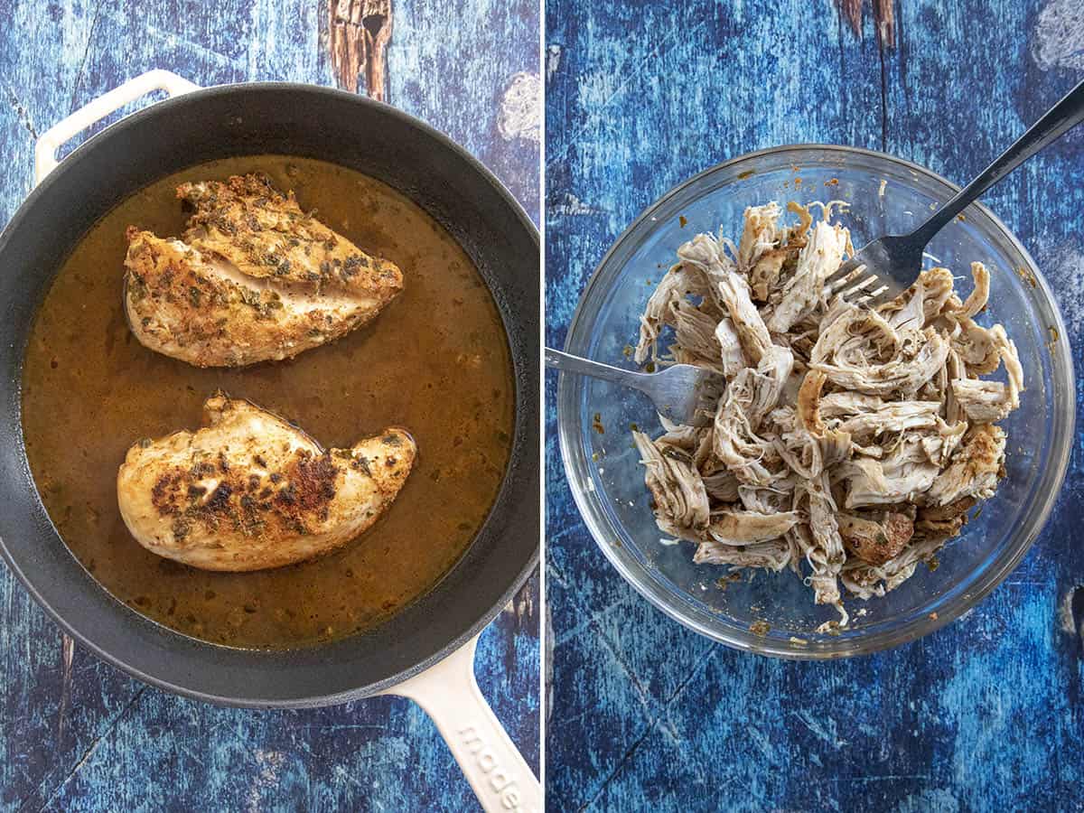 Cooking, then shredding chicken to make enchiladas verde