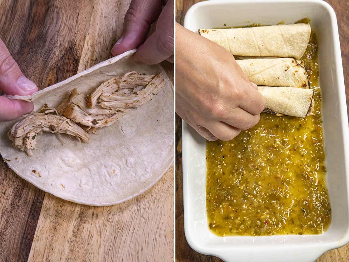 Rolling chicken into corn tortillas, then setting them into a baking dish with verde sauce (green sauce)