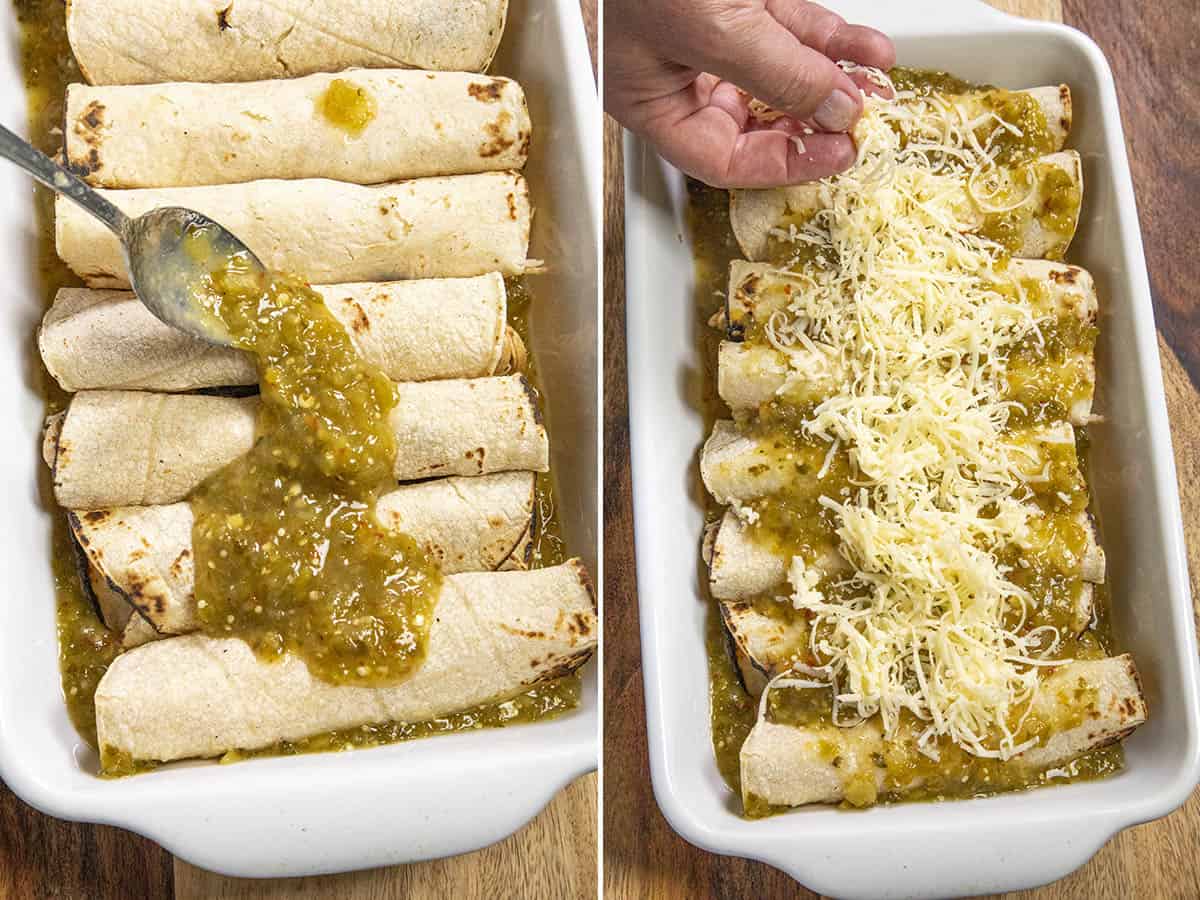 Spooning green sauce (verde sauce) and shredded cheese over a dish full of enchiladas