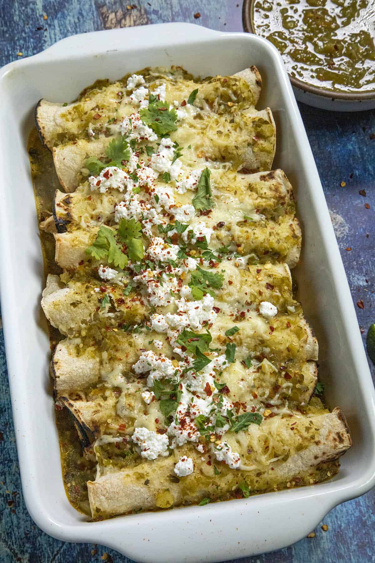 Chicken Enchiladas Verde in a baking dish, ready to serve