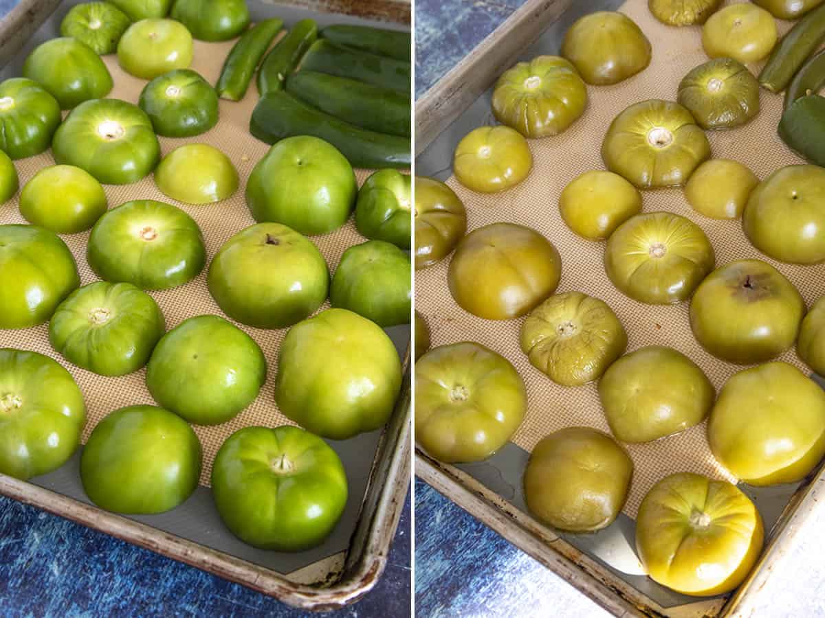 Roasting chilies and tomatillos on a pan to make Green Enchilada Sauce