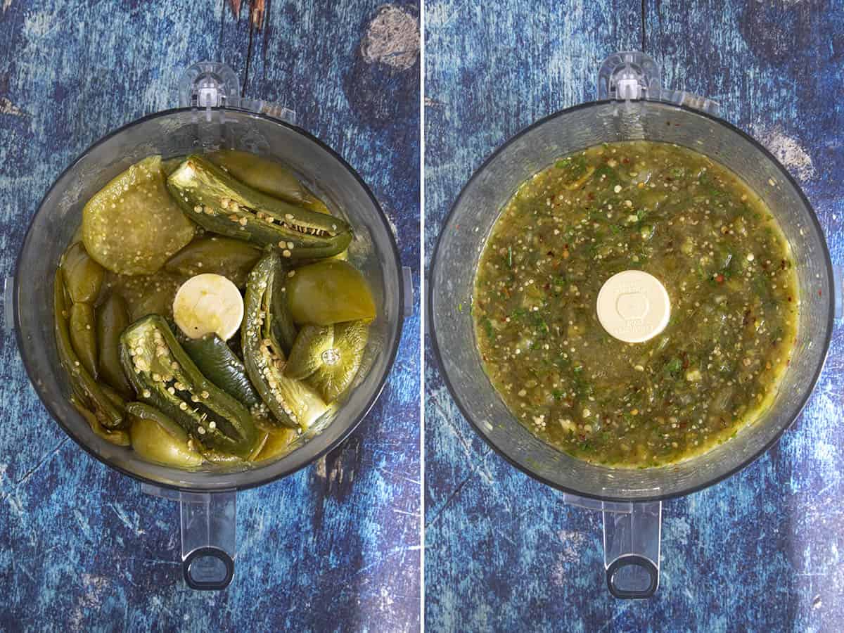 Processing roasted chilies and tomatillos to make Green Enchilada Sauce