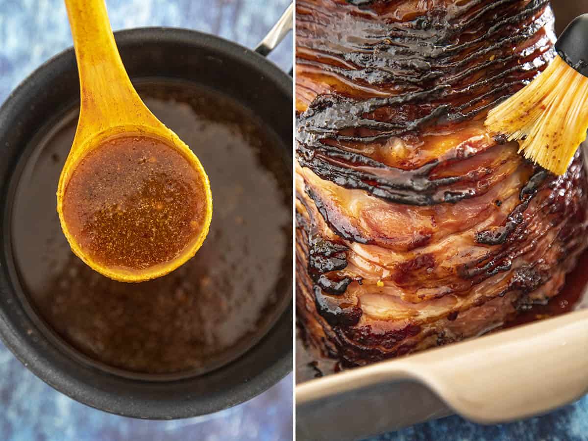 Hot honey on a spoon, and Mike glazing the baked ham with hot honey