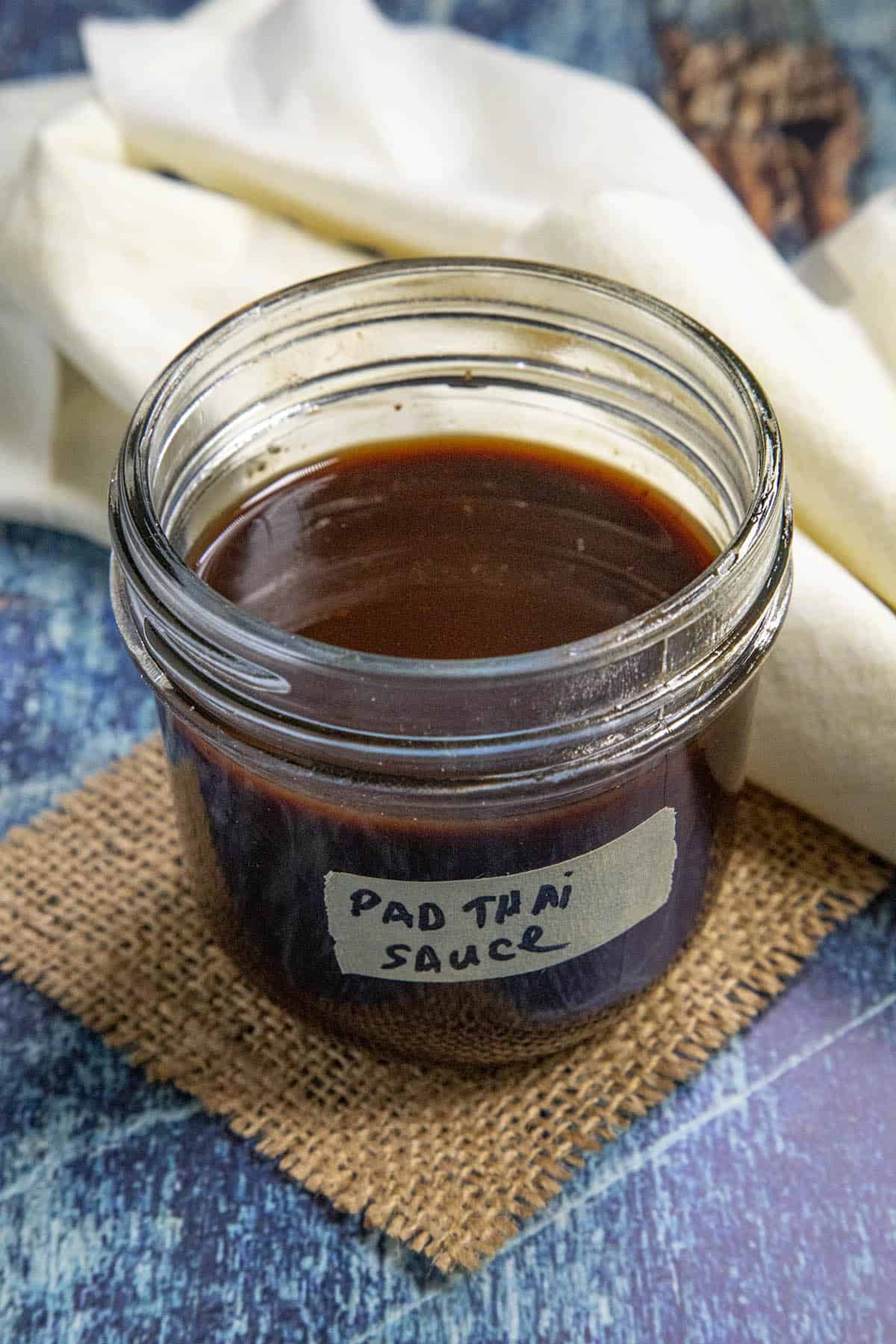 Homemade Pad Thai Sauce in a jar, ready for making Pad Thai