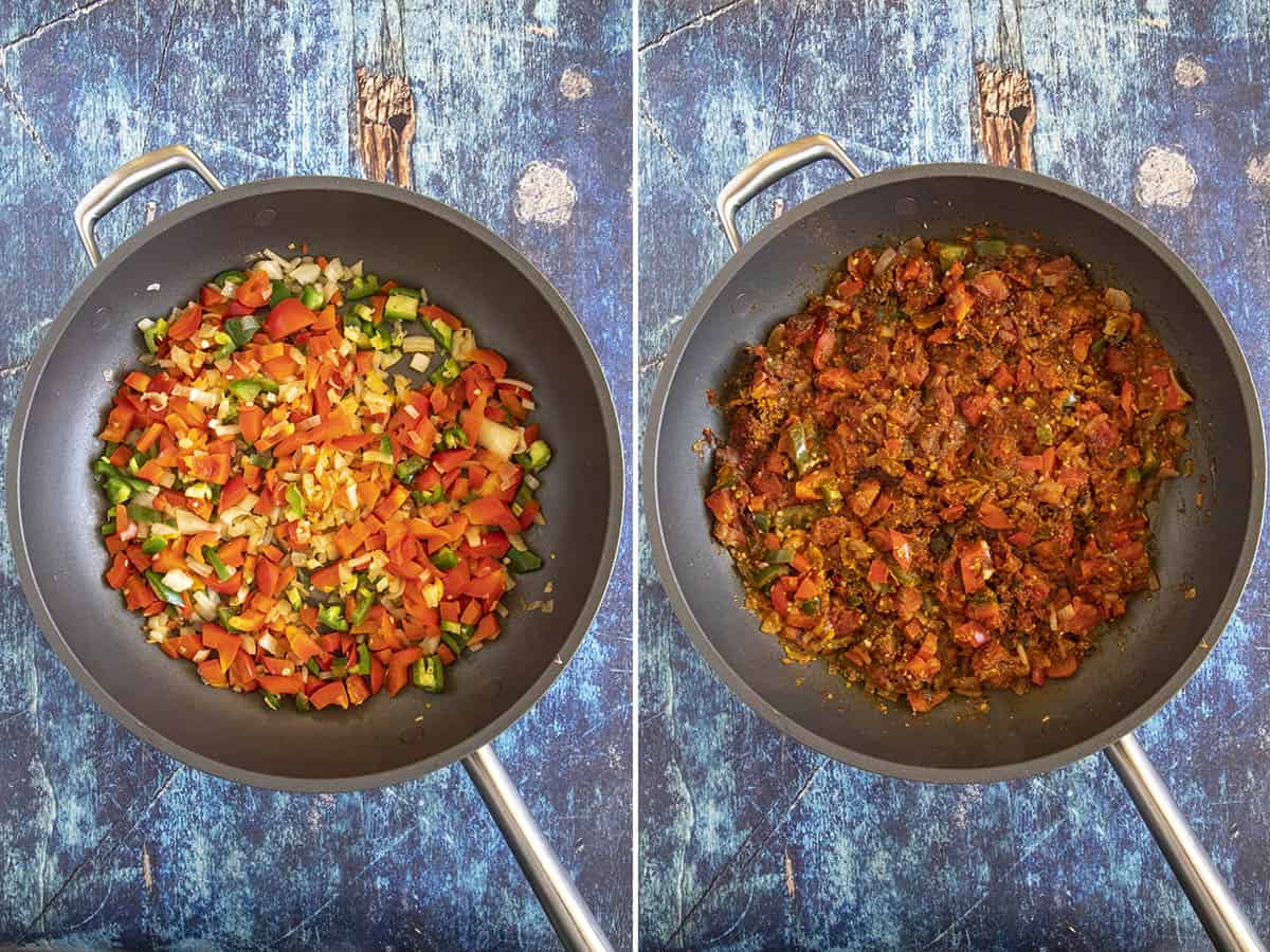 Cooking down onions and peppers, then aromatic spices in a pan to make Pav Bhaji