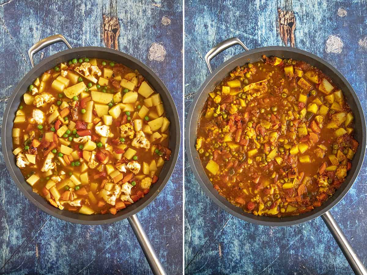 Pav Bhaji ingredients simmering in a pan, softening up, before mashing