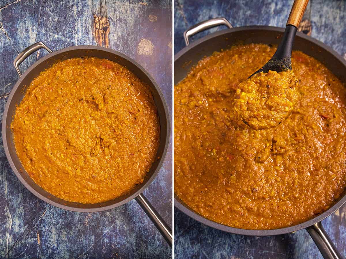 Mashed Pav Bhaji in a pan, and being spooned out to serve