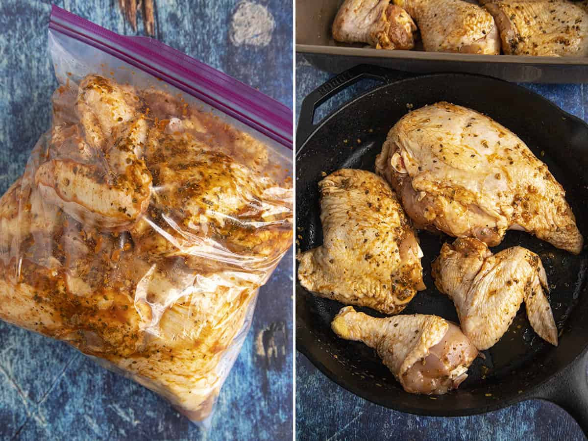 Marinated chicken to make Peruvian Chicken, then adding them to a baking dish