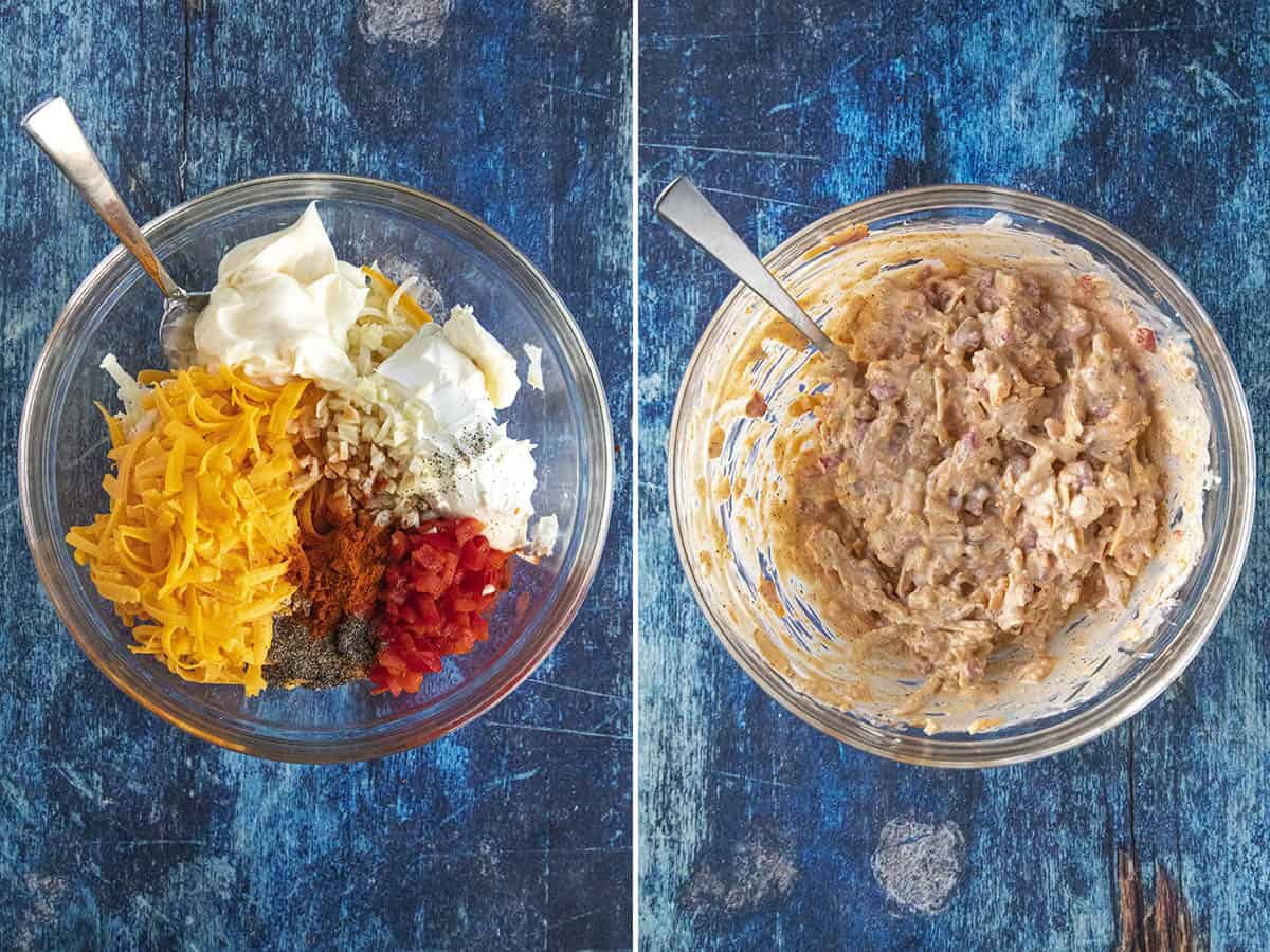 Mixing all the ingredients in a bowl to make Pimento Cheese