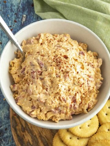 Pimento Cheese made at home and served in a big white bowl