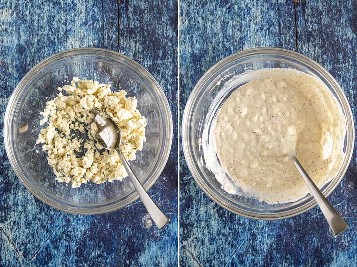 Mixing ingredients in a bowl to make Blue Cheese Dressing
