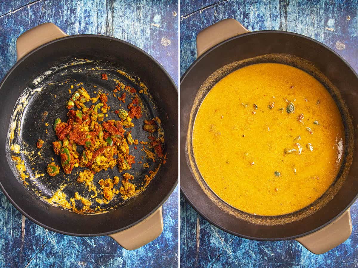 Adding milk to the pot to make creamy Buffalo Chicken Mac and Cheese