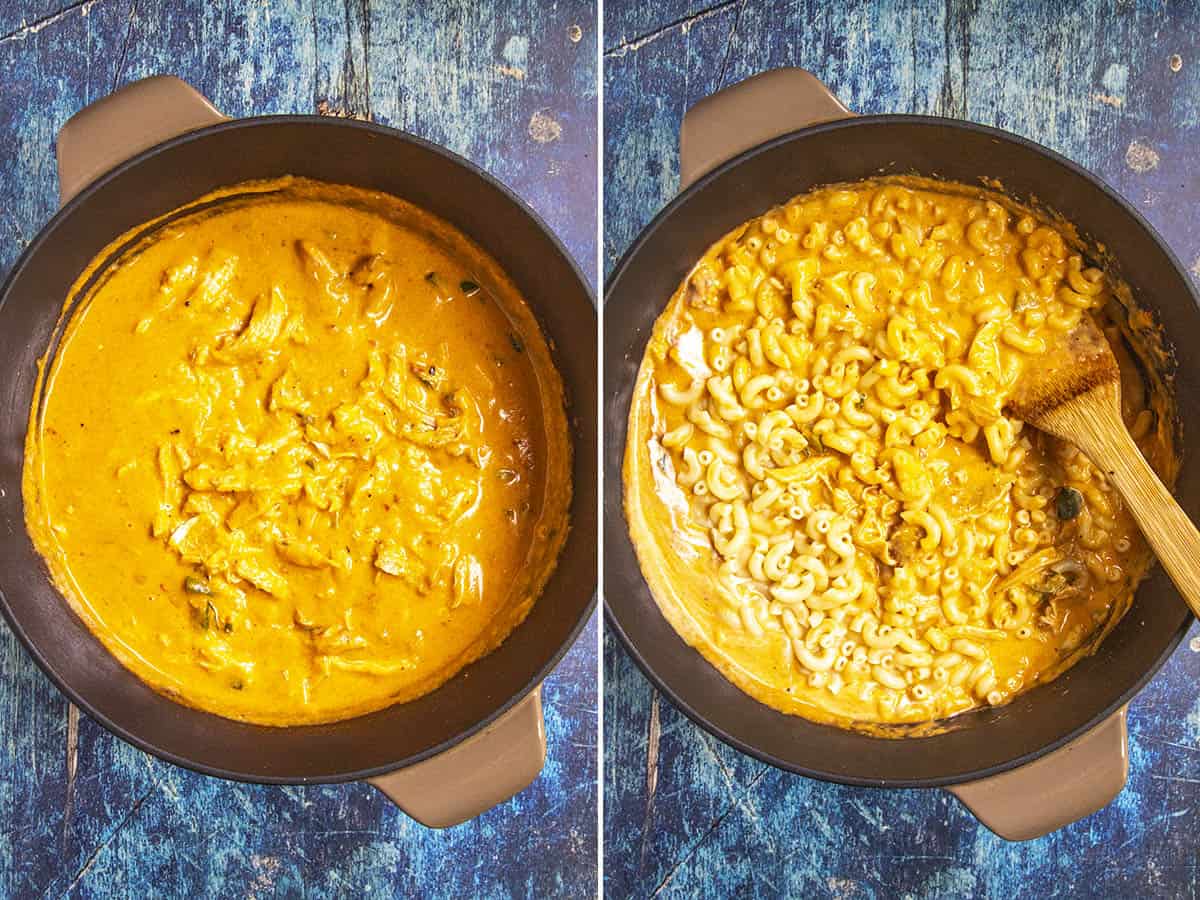 Stirring chicken and noodles into a pot of Buffalo Chicken Mac and Cheese