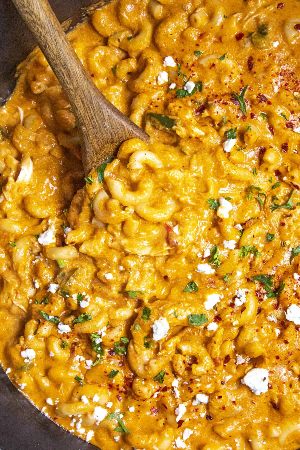 Buffalo Chicken Mac and Cheese on a serving spoon