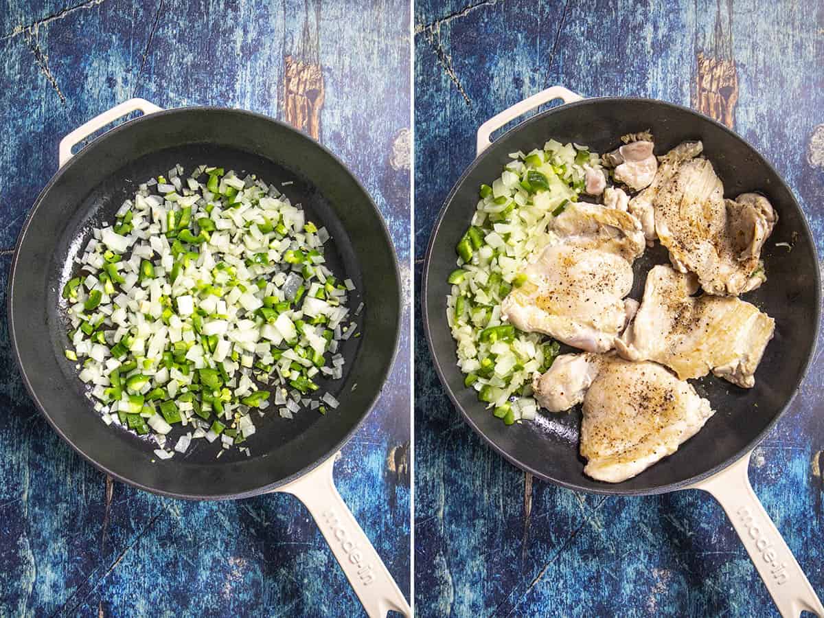 Cooking onions, peppers, and chicken in a pan to make Chicken Tinga