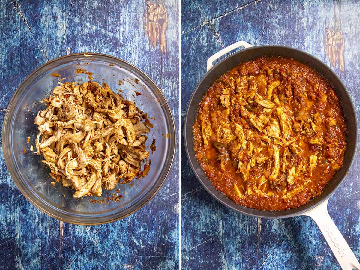 Shredded chicken added to a pan of chipotle sauce for making Chicken Tinga