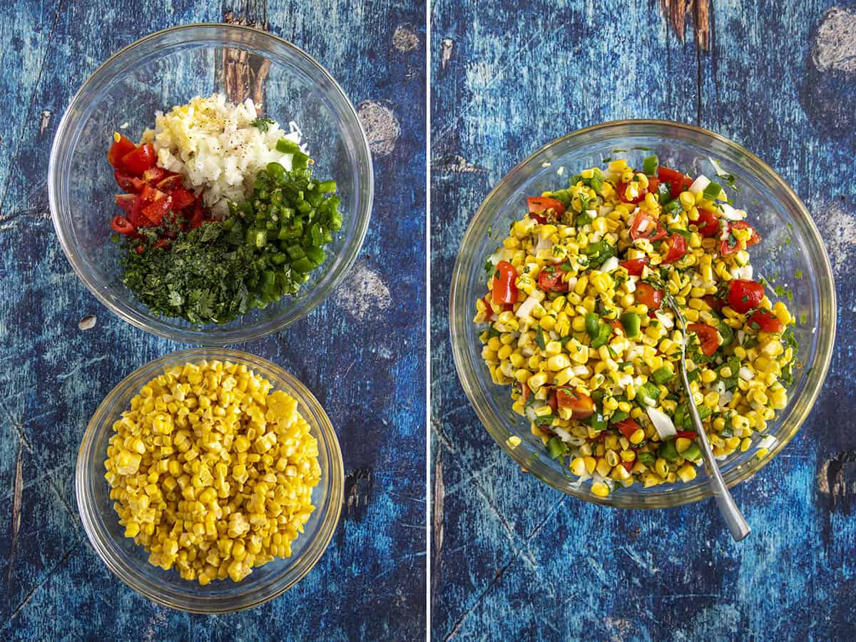 Mixing ingredients together in a bowl to make corn salsa