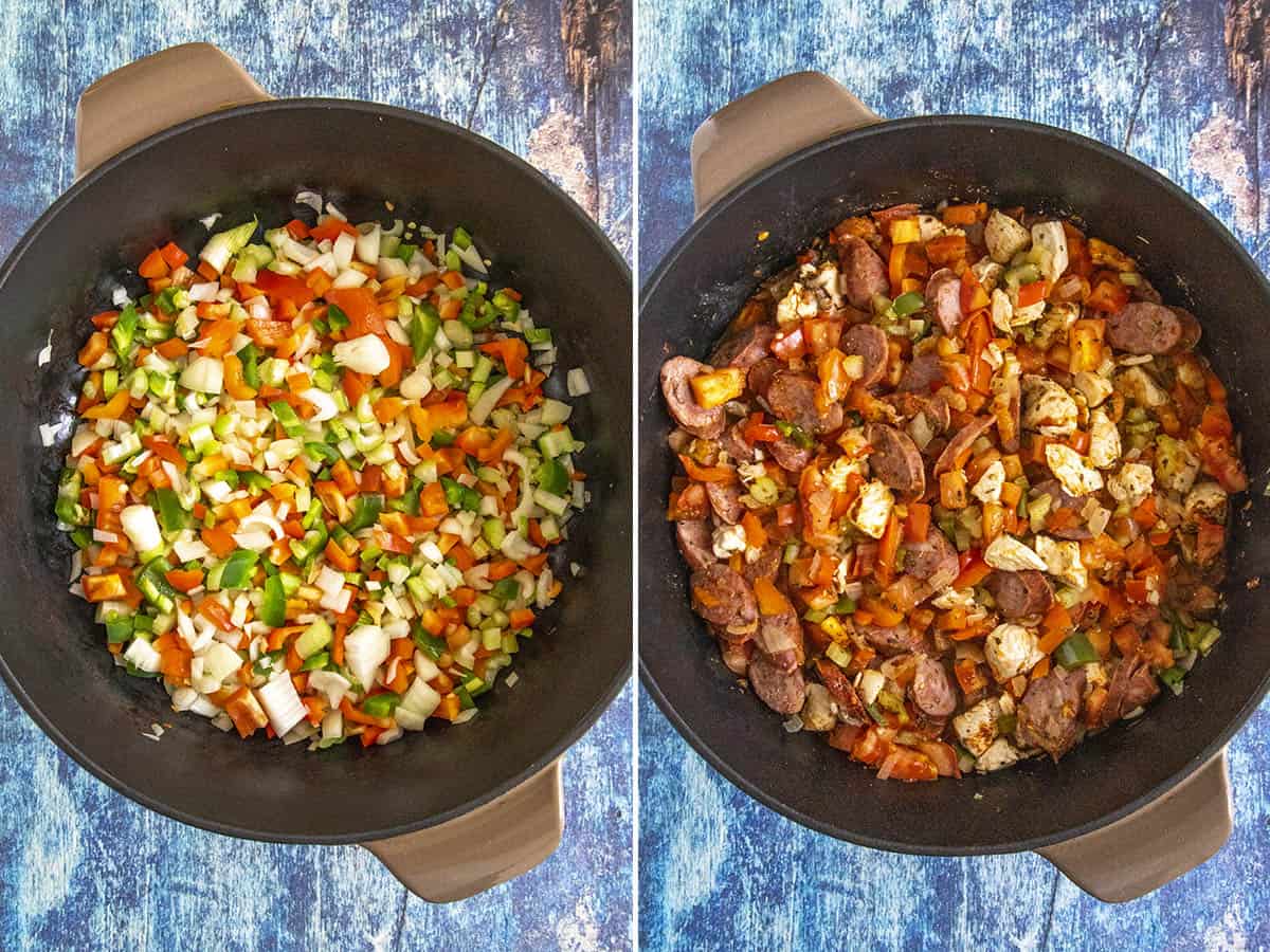 Cooking down vegetables, chicken, and andouille sausage in a pot to make Jambalaya