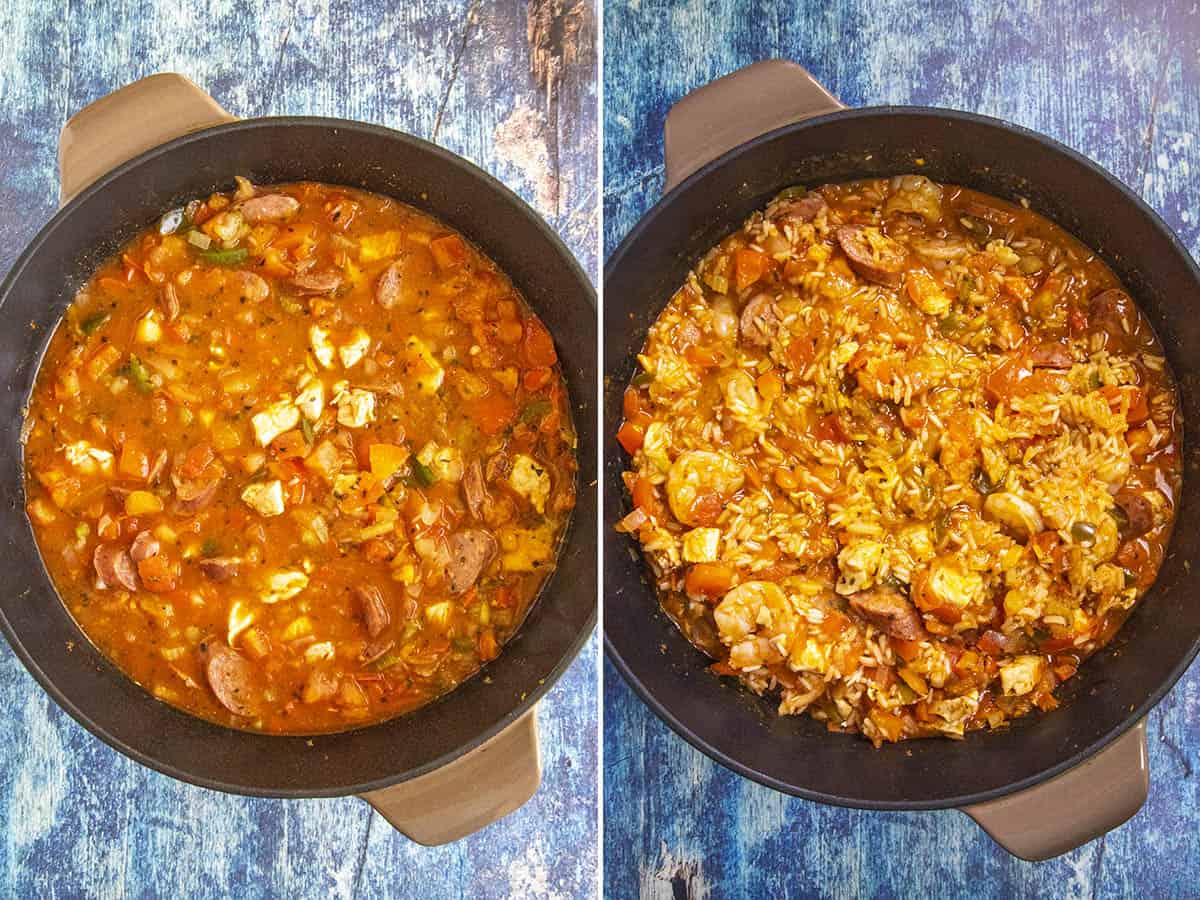 Simmering a bit pot of Jambalaya, then rice added