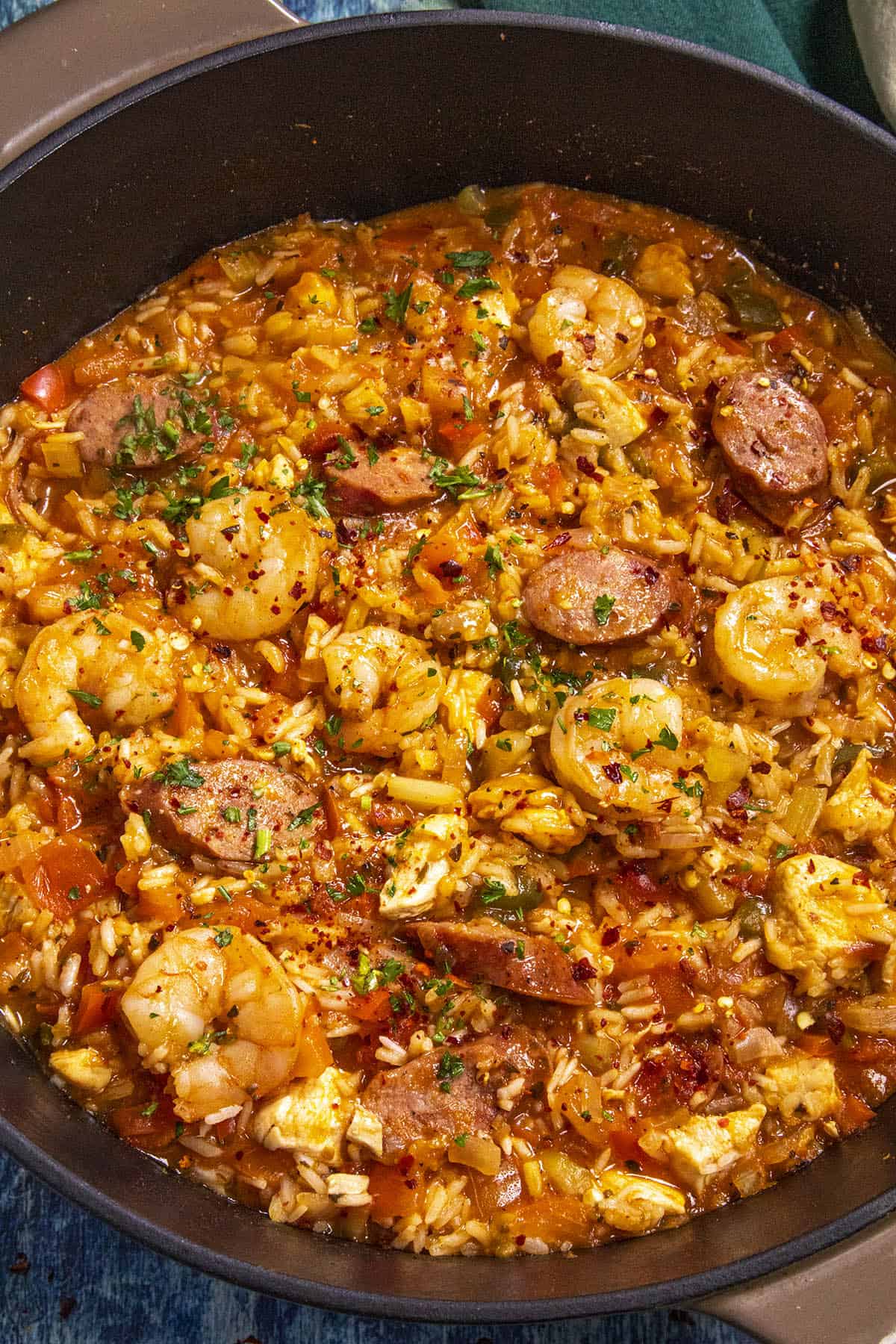A bit pot of Jambalaya with lots of chicken, shrimp, and andouille