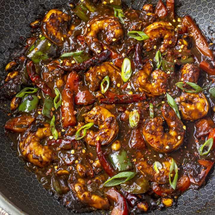 Kung Pao Shrimp in a wok with lots of sauce