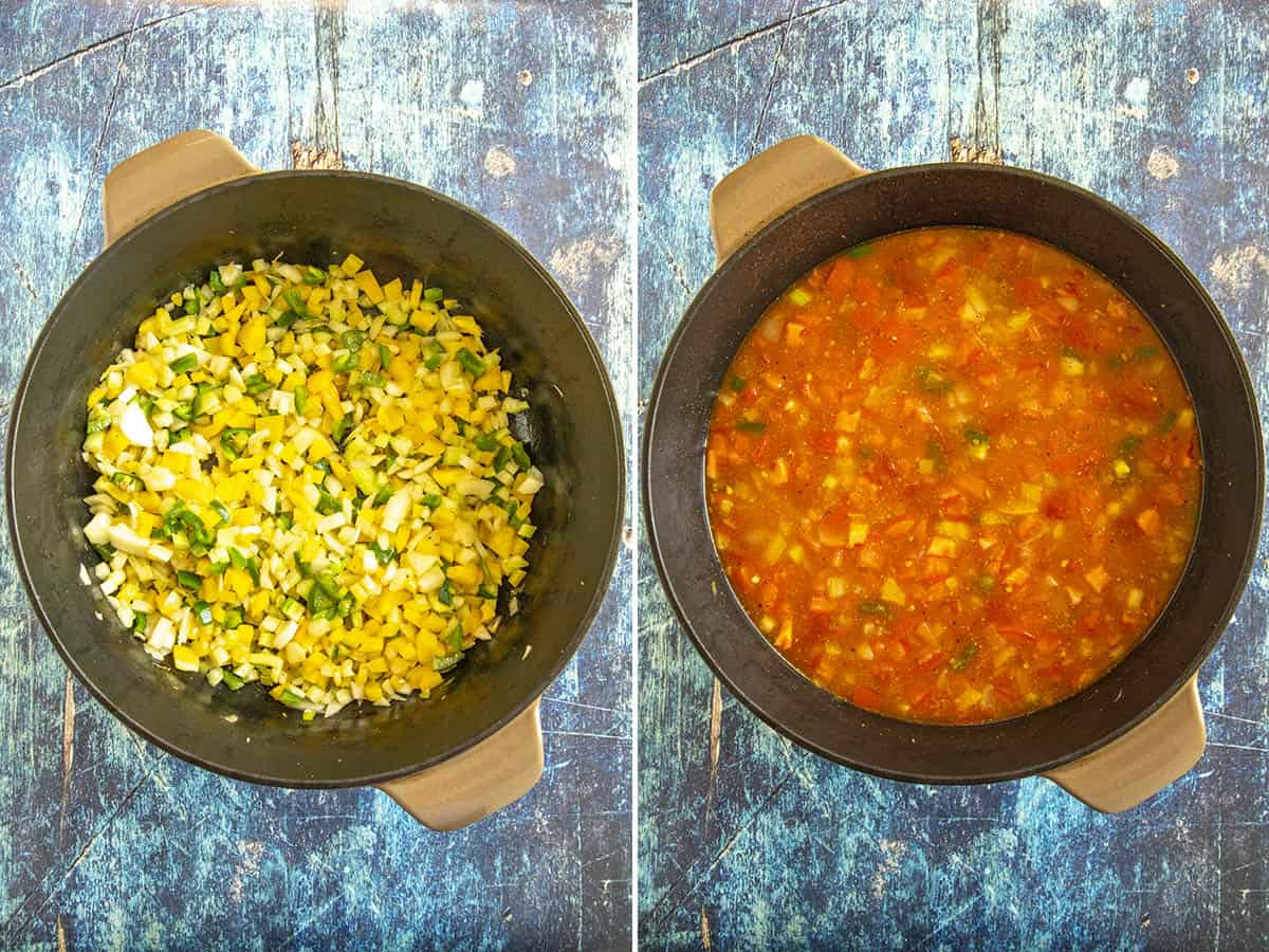 Cooking vegetables and Cajun spiced sauce in a pot to make Pastalaya