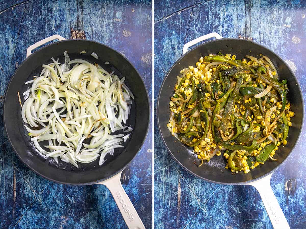 Cooking onions, roasted poblano strips, and corn in a pan to make Rajas Poblanas